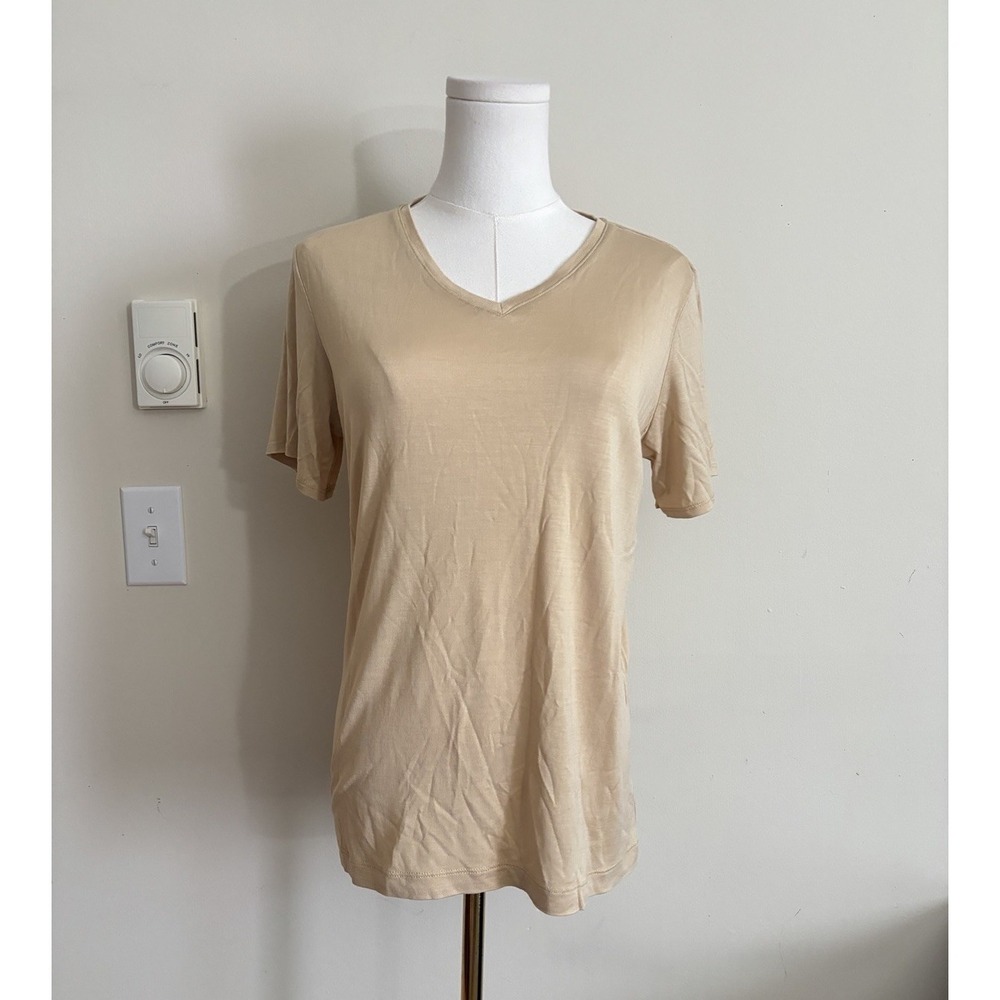 Wintersilks Womens Large Shirt 1005 Silk Tan Beige Minimalist Chic V Neck Luxury